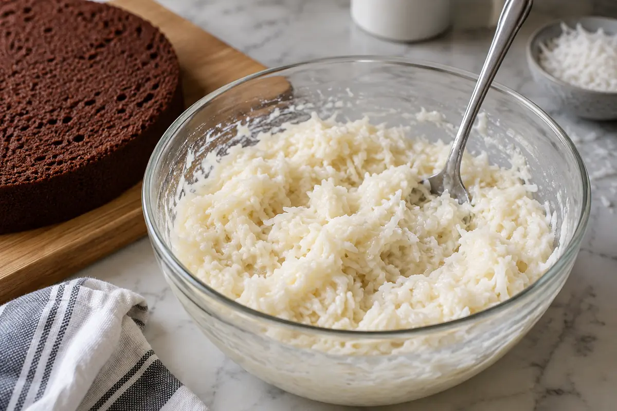 Густая белая кокосовая начинка на сгущёнке в миске рядом с шоколадным коржом